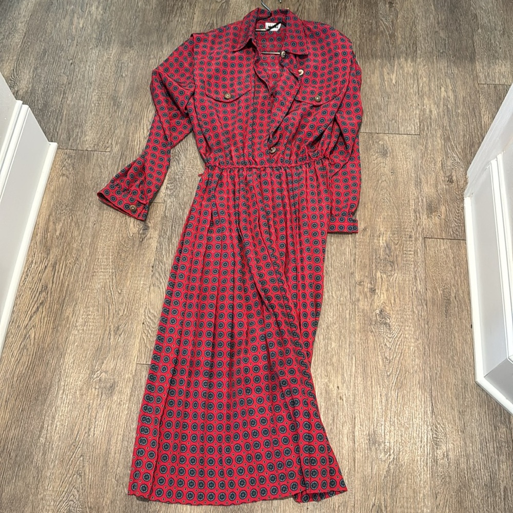 Vtg Leslie Fay  Red Patterned Dress - Picture 2 of 13